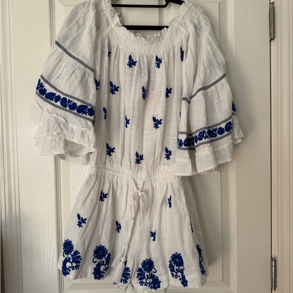 RAGA White and Blue Off-the-Shoulder Jumpsuit with Bell Sleeves